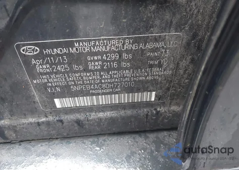 2013 Hyundai Sonata Gls from USA, damaged, VIN 5NPEB4AC8DH727010